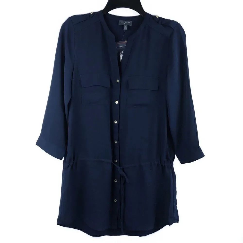 The Limited Top Tunic Navy Blue Button Front Cuffs Tie Waist Small